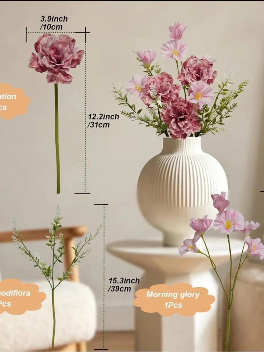 Pink Artificial Carnation & Morning Glory Flowers with Stems 2 Pack